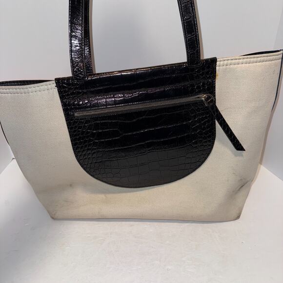 TOD´S Tasca Canvas & Croc Embossed Leather Tote Black & White Made in Italy - Picture 2 of 16